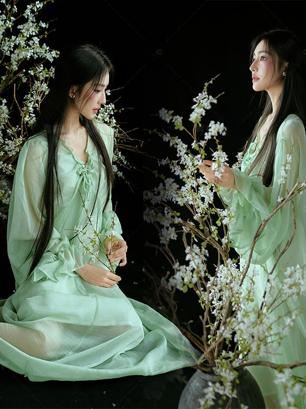 Ethnic Fashion Studio - Vestido Verde Estilo Chinês Tradicional e