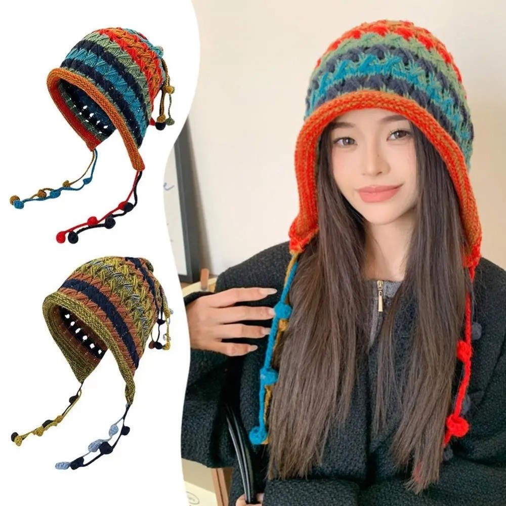 Winter Ethnic Fashion For Women - Gorro de Lã Tricotado com Listras