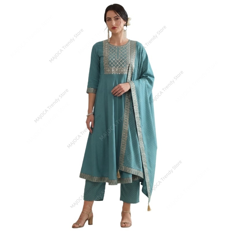 Salwar Kameez Set - Conjunto de 3 Peças Azul Pavão