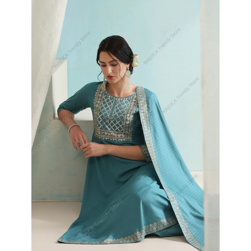 Conjunto de 3 Peças Azul Pavão - Salwar Kameez Set avaliação e preço